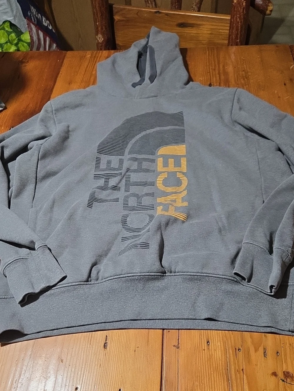 The North Face Men's Slate Gray Hoodie with Yellow Logo Accent Sz L